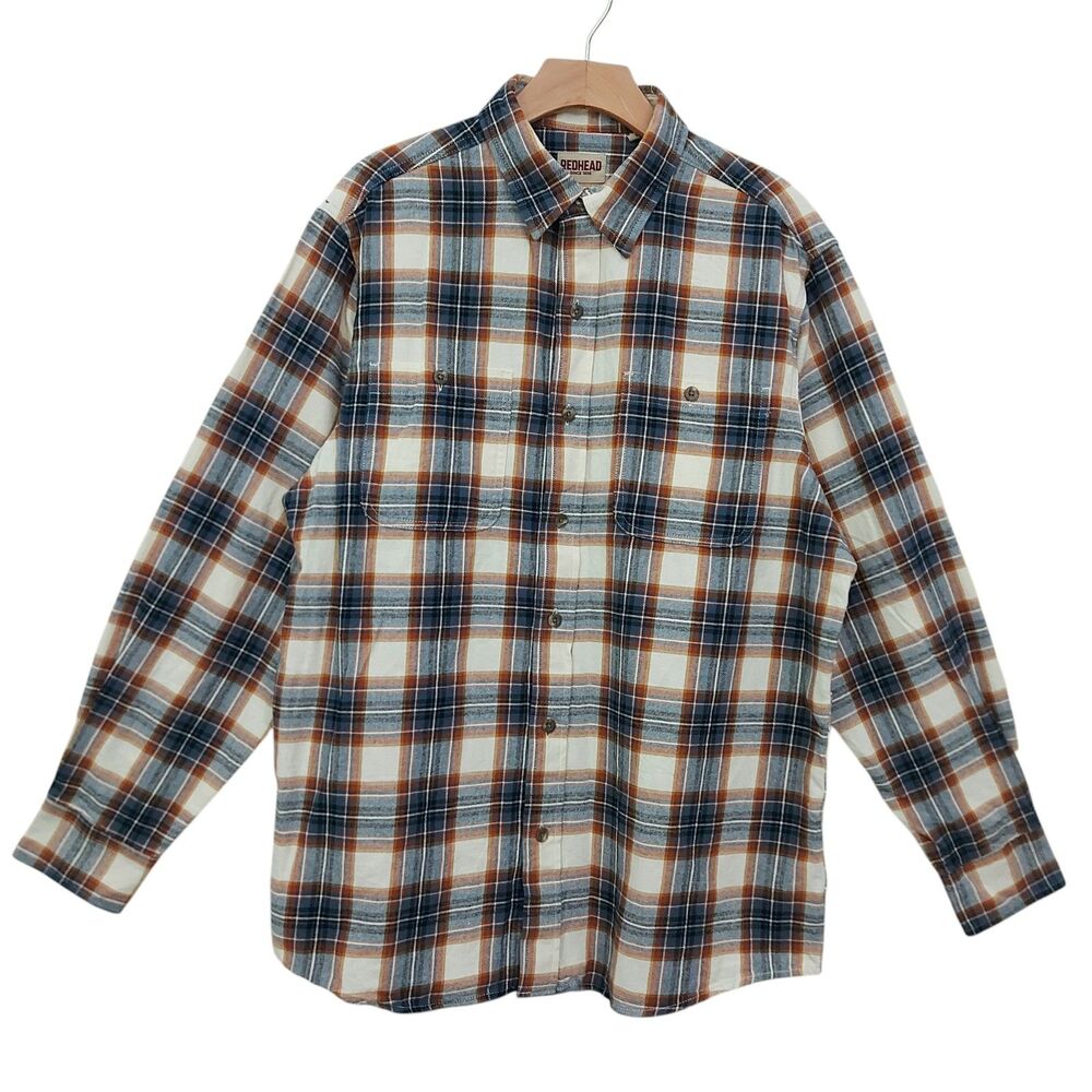 RedHead Flannel Shirt Mens Large Brown Blue Plaid Long Sleeve Cotton Outdoor